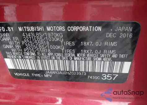 2017 Mitsubishi Outlander Sport 2.0 Es из США, поврежденный, VIN JA4AR3AU2HZ023973